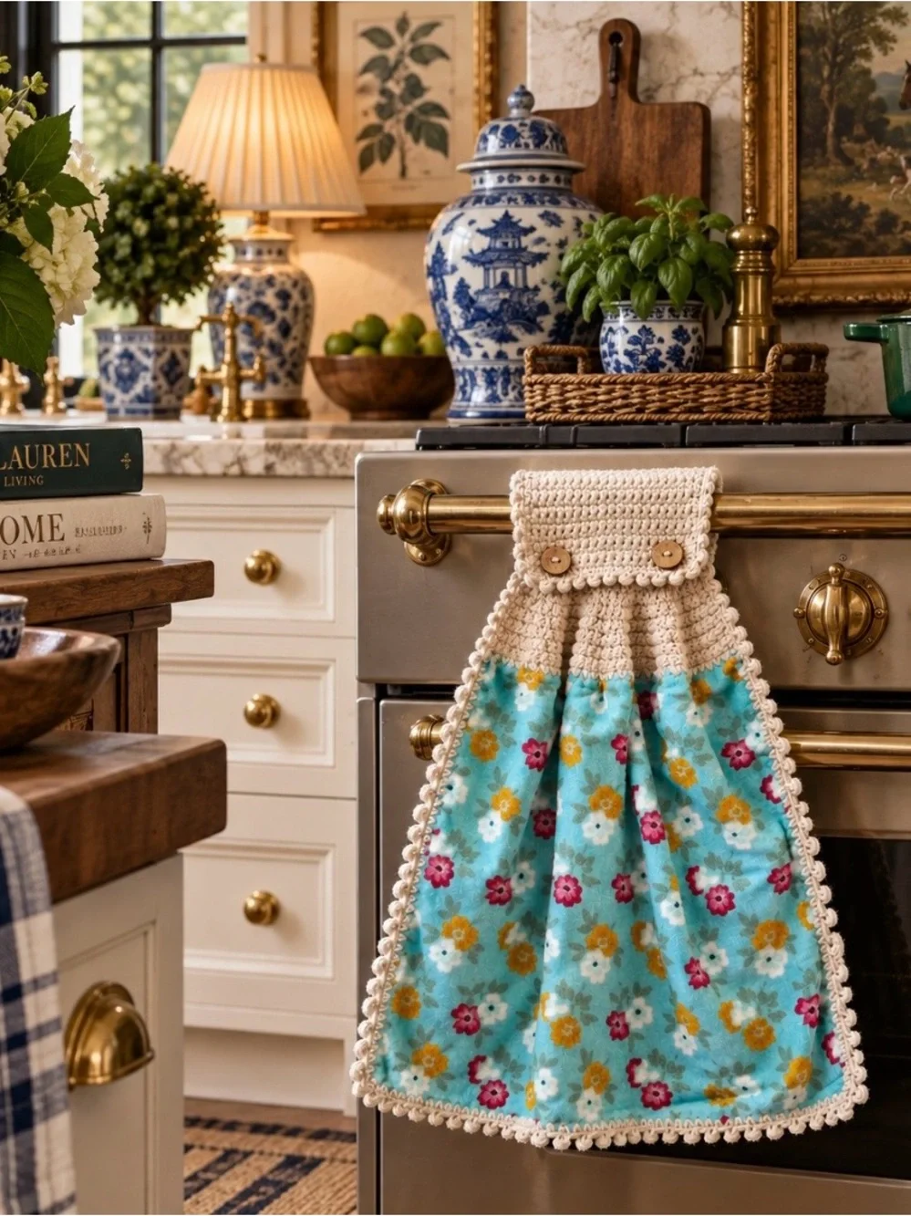 Handmade Pioneer Woman Turquoise Floral Crochet Hanging Kitchen Towel